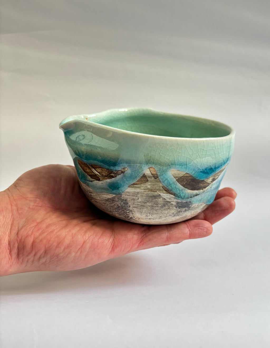 Ocean Dew Bowl -- Crackle Glaze with Pouring Spout