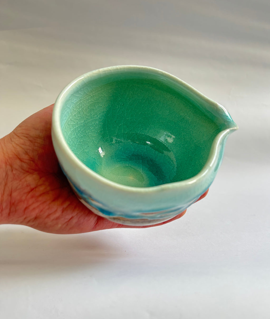Ocean Dew Bowl -- Crackle Glaze with Pouring Spout