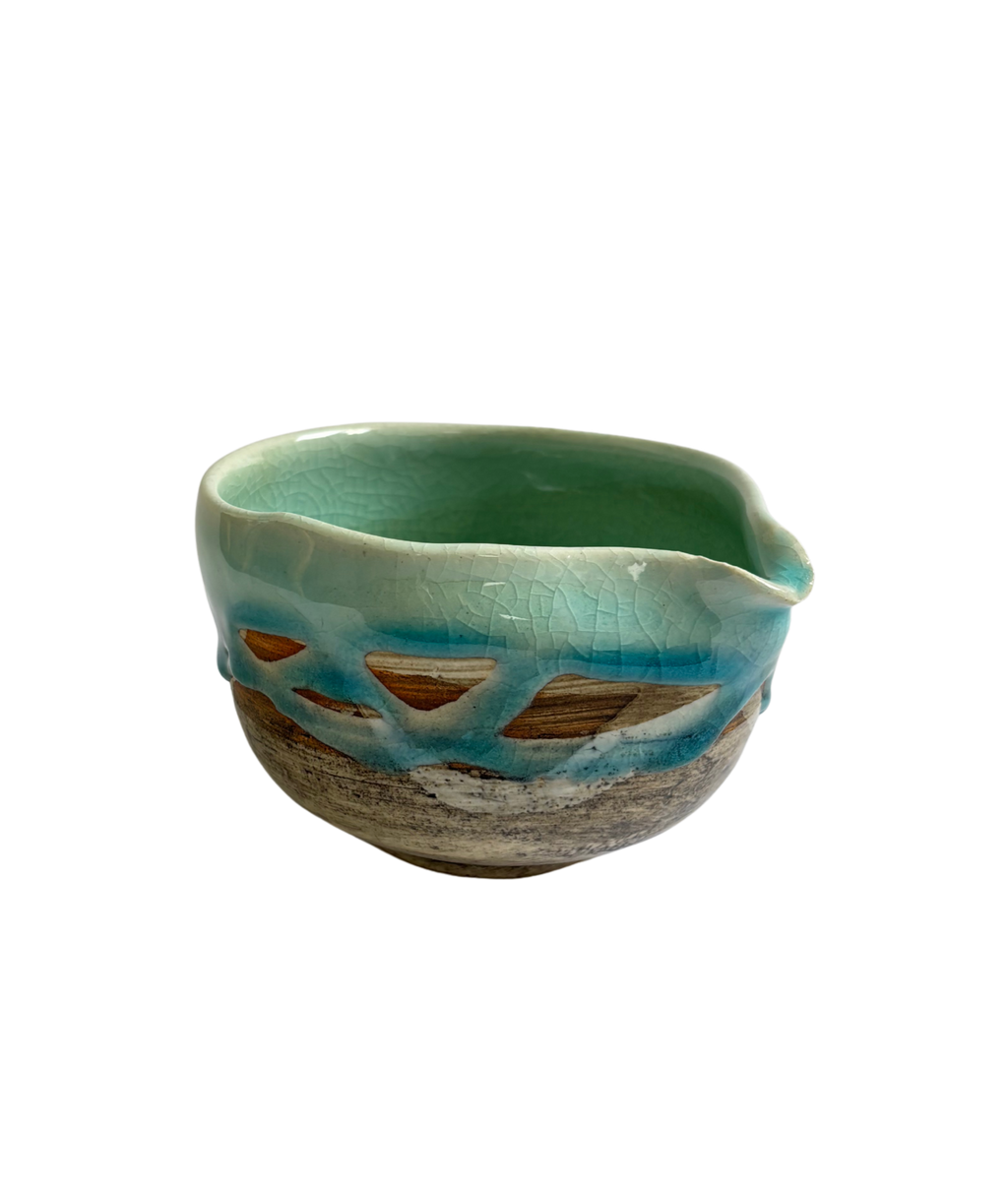 Ocean Dew Bowl -- Crackle Glaze with Pouring Spout