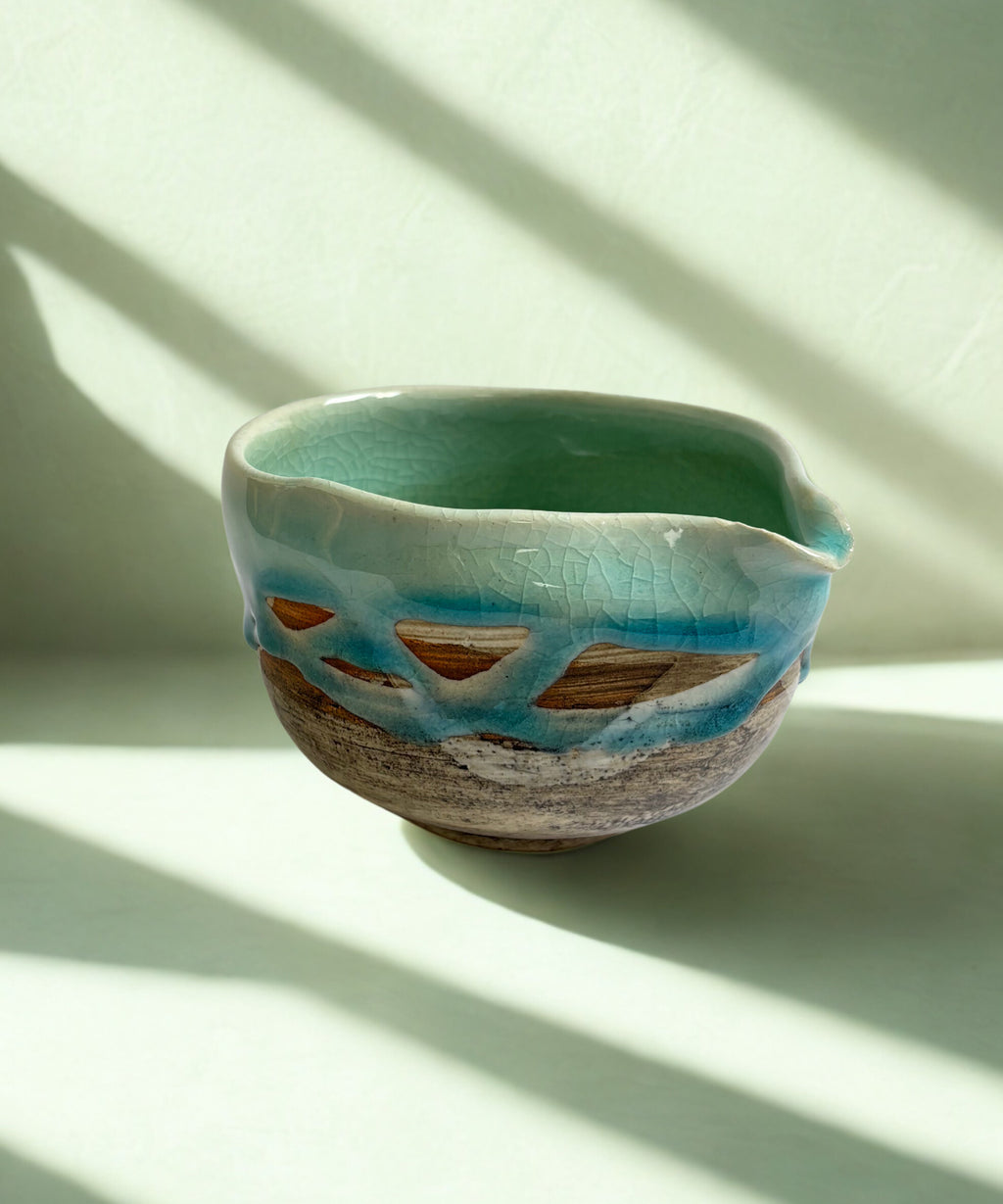 Ocean Dew Bowl -- Crackle Glaze with Pouring Spout